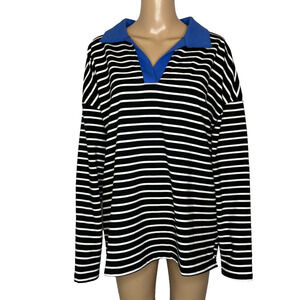 Women's XL Zesica Black White Stripe Polo Notch Collar Viscose Blend Shirt